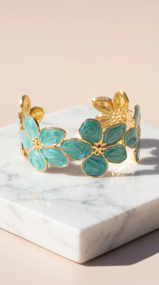 Turquoise Enamel Gold Floral Cuff Bangle – product image 2 of 3