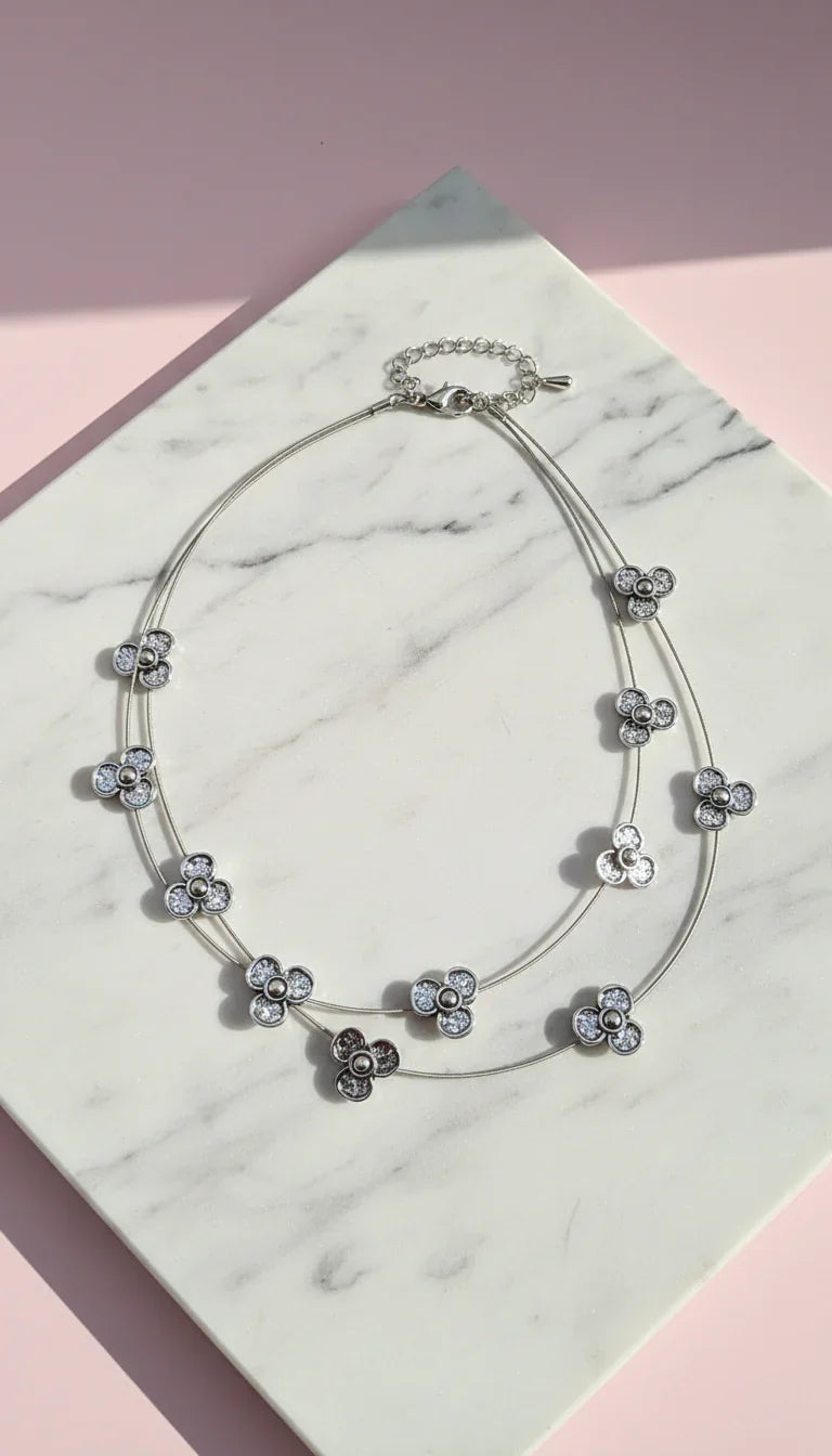Layered Flower Silver Statement Necklace – product image 1 of 2