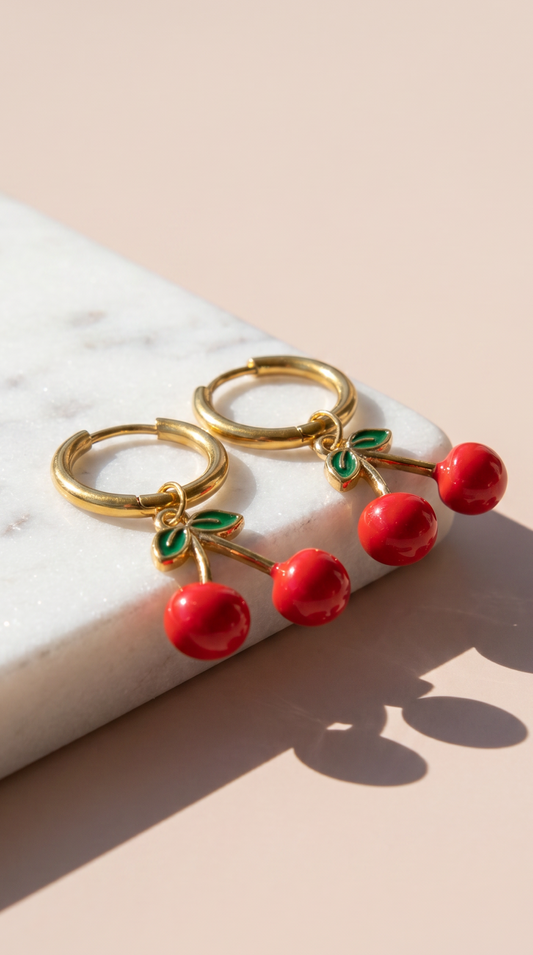 Red Cherry Huggie Hoop Gold Plated Steel Earrings – product image 1 of 3