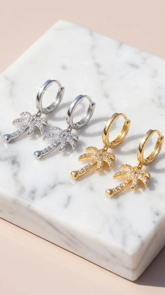 Palm Tree Crystal Huggie Hoop Drop & Dangle Earrings – product image 1 of 3