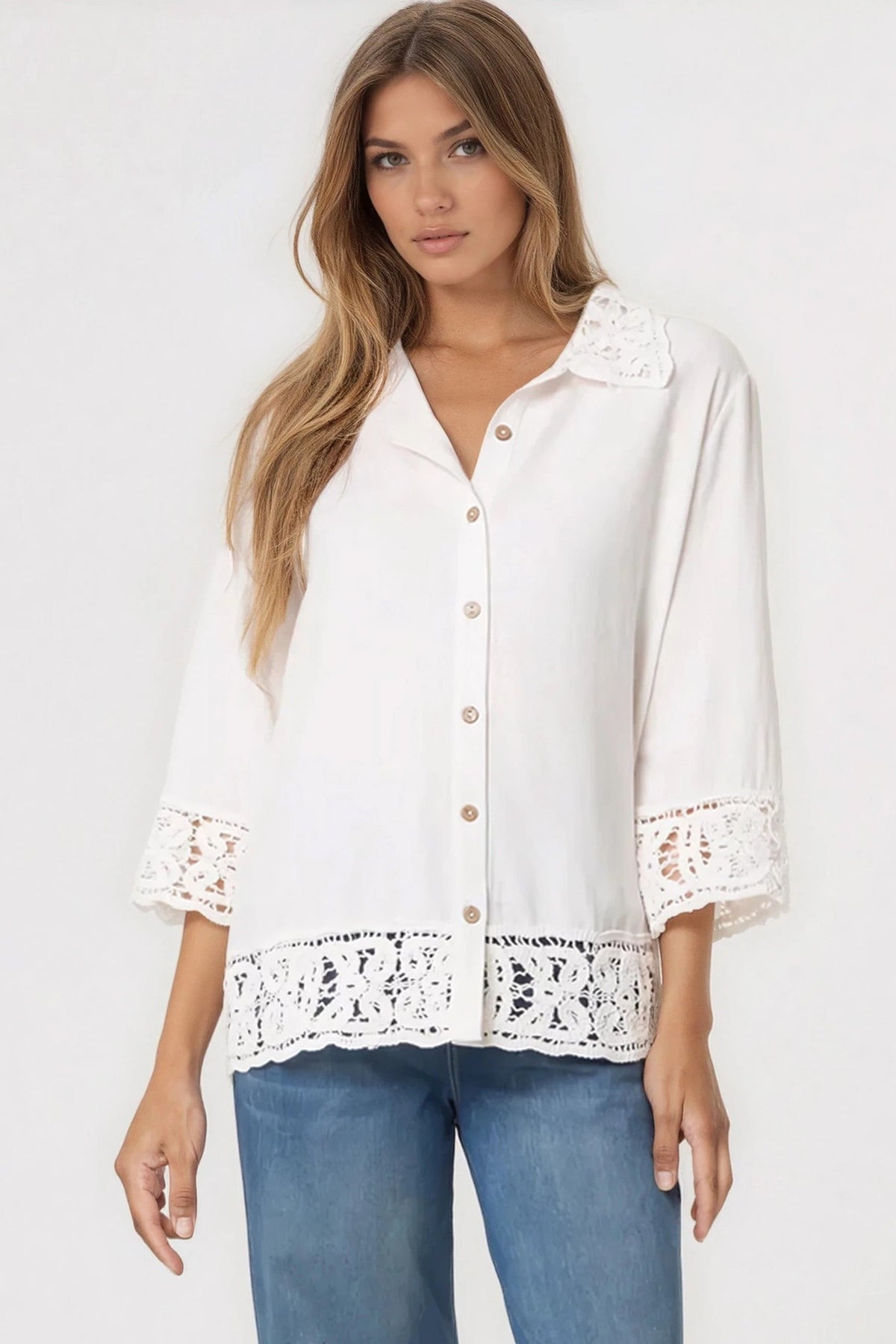 White Crochet Linen Blend Shirt – product image 1 of 3