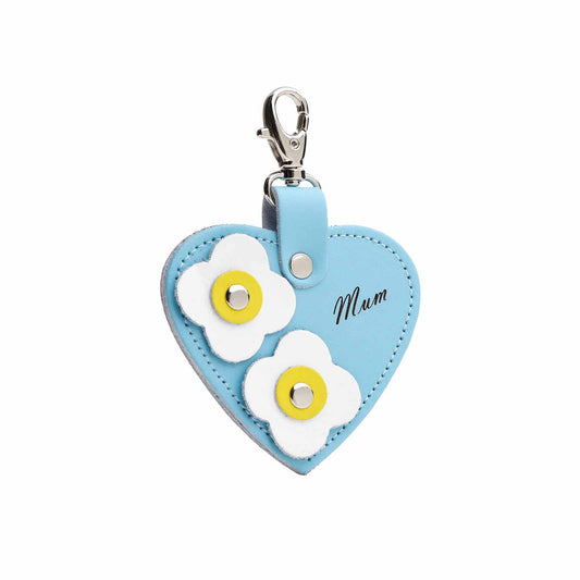 Love heart bag charm - with 'Mum' engraving and flower appliques - Pastel Blue – product image 1 of 2