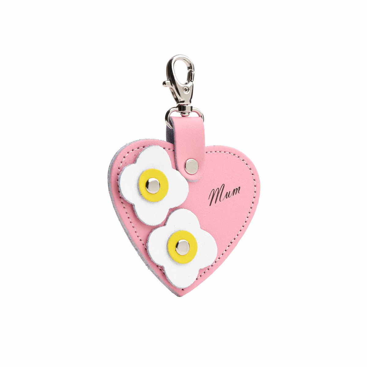 Love heart bag charm - with 'Mum' engraving and flower appliques - Pastel Pink – product image 1 of 2