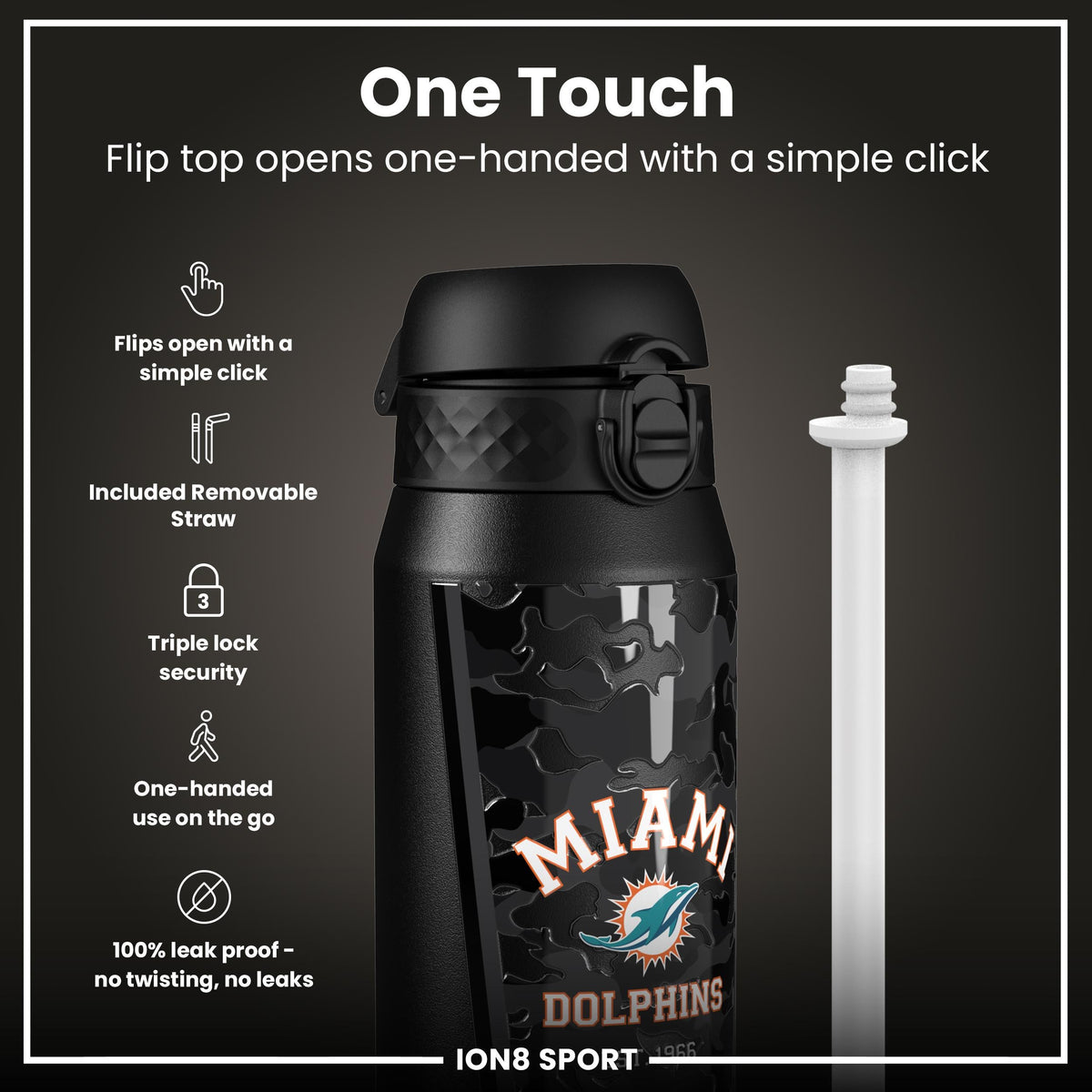 NFL x ION8 Insulated Steel Water Bottle, NFL Dolphins, 750ml (24oz) – product image 3 of 7