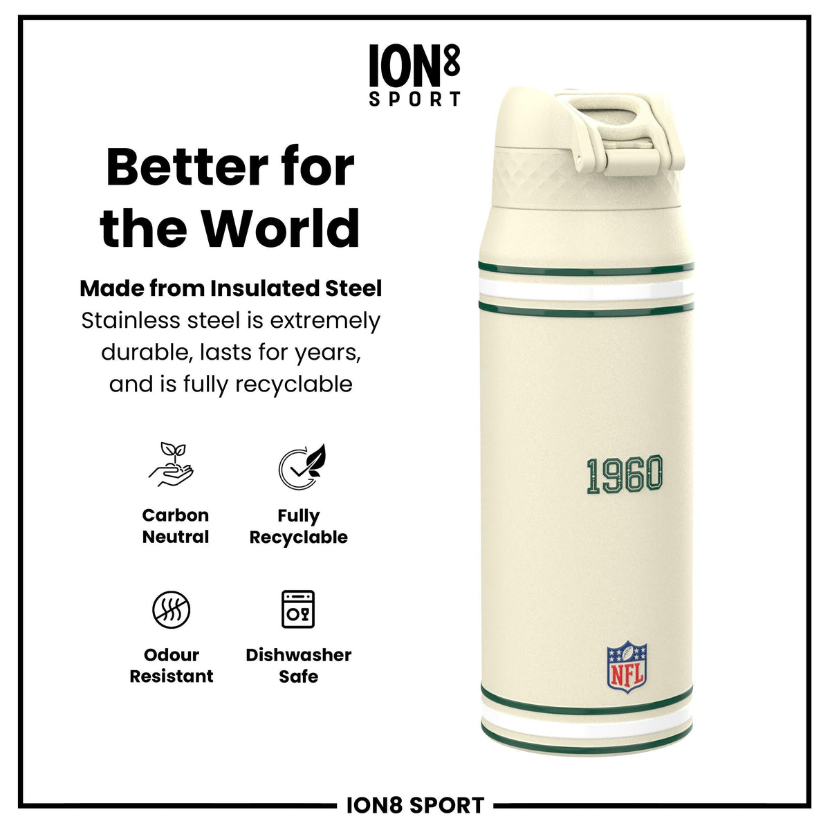 NFL x ION8 Insulated Steel Water Bottle, NFL Jets, 750ml (24oz) – product image 5 of 7