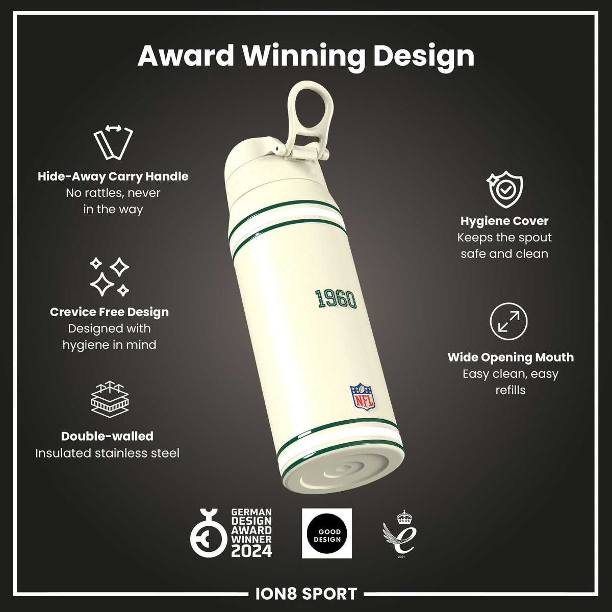 NFL x ION8 Insulated Steel Water Bottle, NFL Jets, 750ml (24oz) – product image 6 of 7
