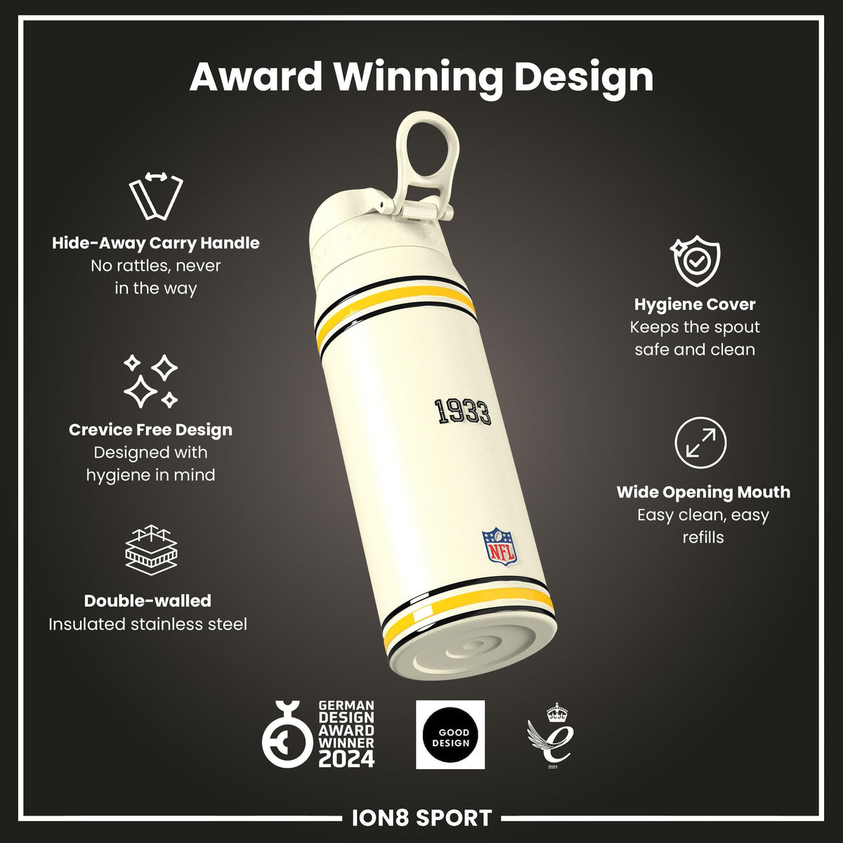 NFL x ION8 Insulated Steel Water Bottle, NFL Steelers, 750ml (24oz) – product image 6 of 7