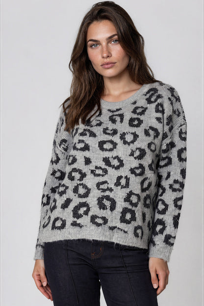 Grey Leopard Pattern Wool‑Blend Knit Jumper – product image 1 of 3