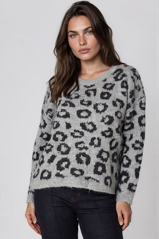 Grey Leopard Pattern Wool‑Blend Knit Jumper – product image 1 of 3