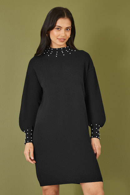 Yumi Black Pearl Detail Knitted Relaxed Jumper Dress – product image 1 of 5