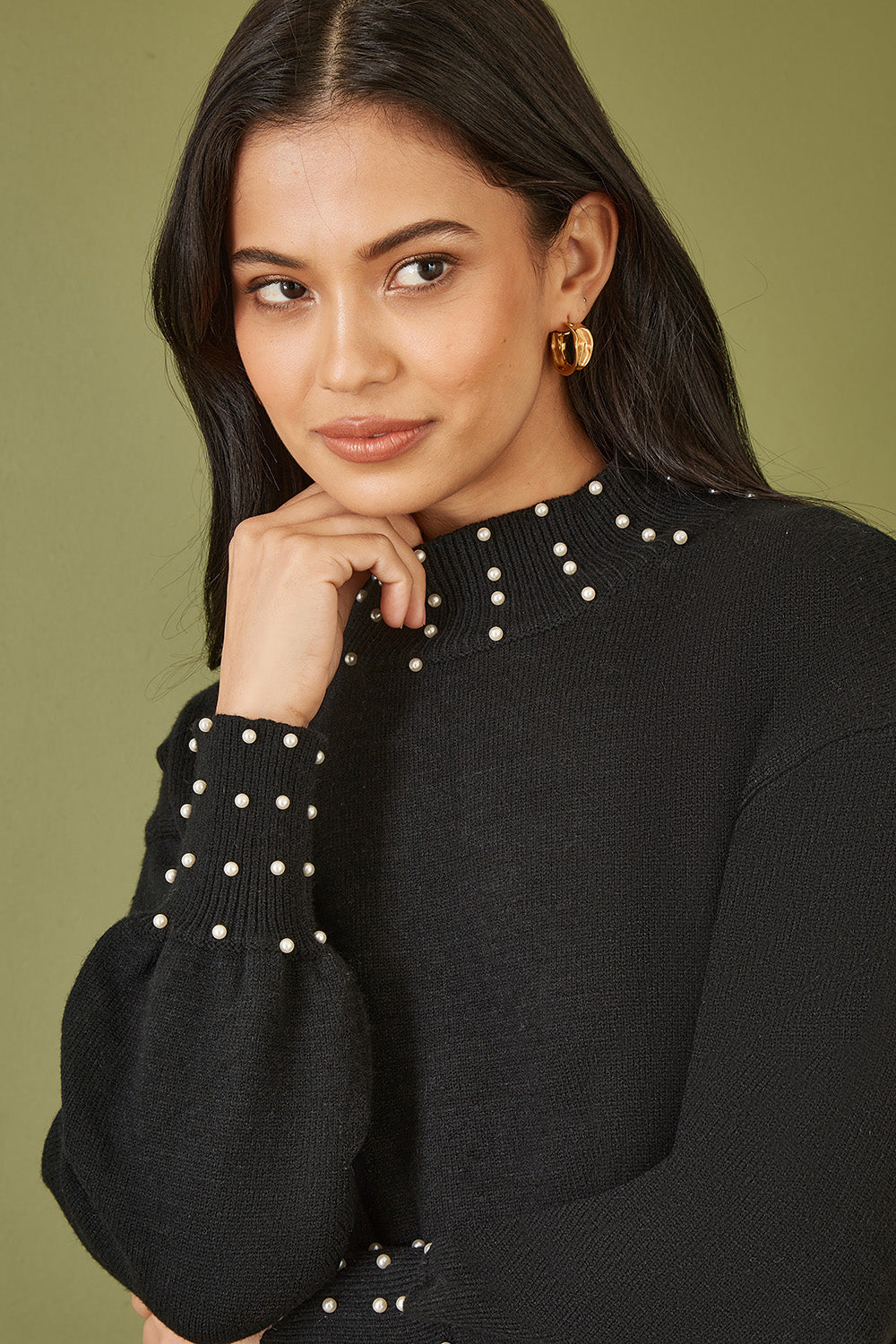 Yumi Black Pearl Detail Knitted Relaxed Jumper Dress – product image 2 of 5