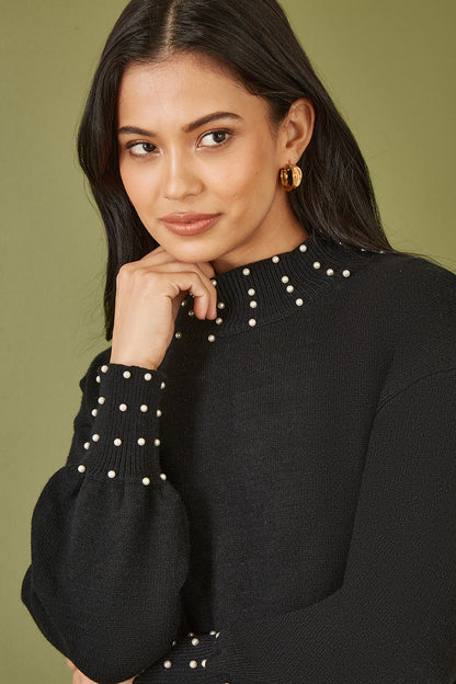 Yumi Black Pearl Detail Knitted Relaxed Jumper Dress – product image 2 of 5