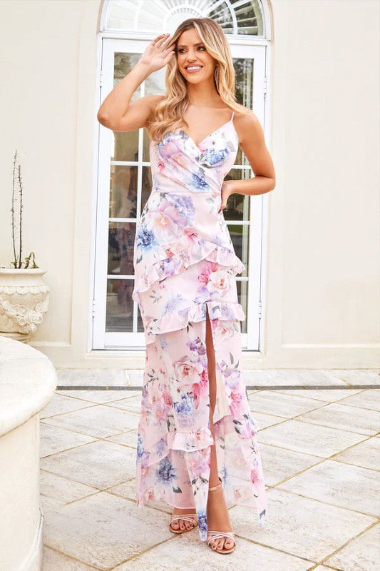 Pink Floral Strappy Wrap Maxi Dress – product image 1 of 6