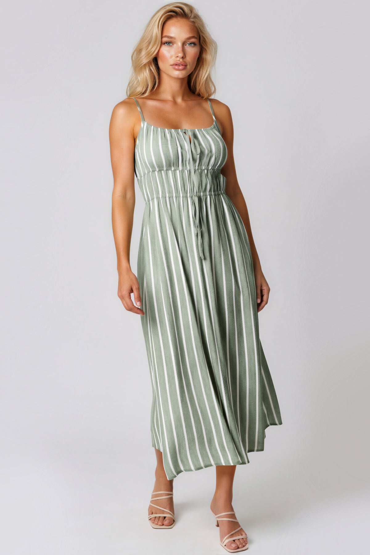 Khaki Pinstripe Tie Front Dress – product image 1 of 3