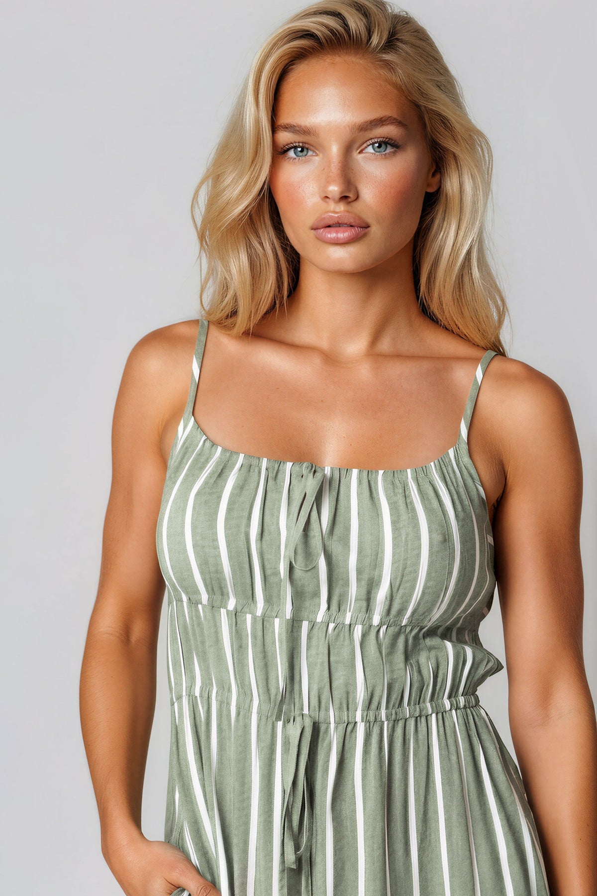 Khaki Pinstripe Tie Front Dress – product image 2 of 3