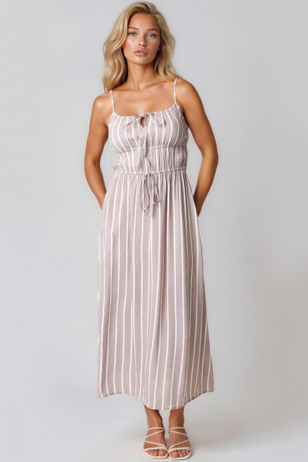 Mocha Pinstripe Tie Front Dress – product image 1 of 3