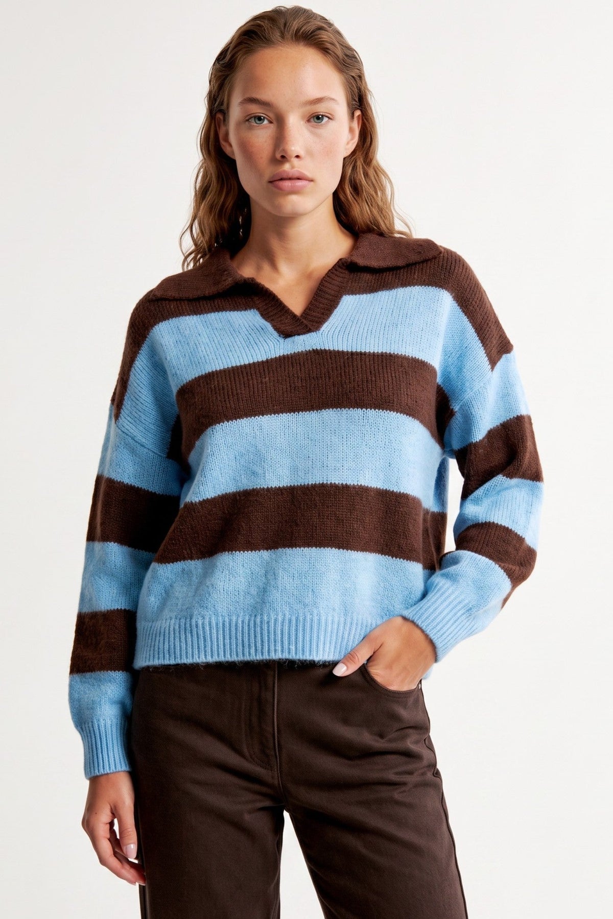 Blue Brown Stripe Collared Knit Jumper – product image 1 of 3