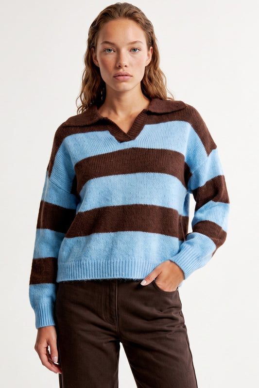 Blue Brown Stripe Collared Knit Jumper – product image 1 of 3