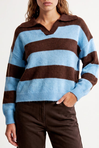 Blue Brown Stripe Collared Knit Jumper – product image 2 of 3