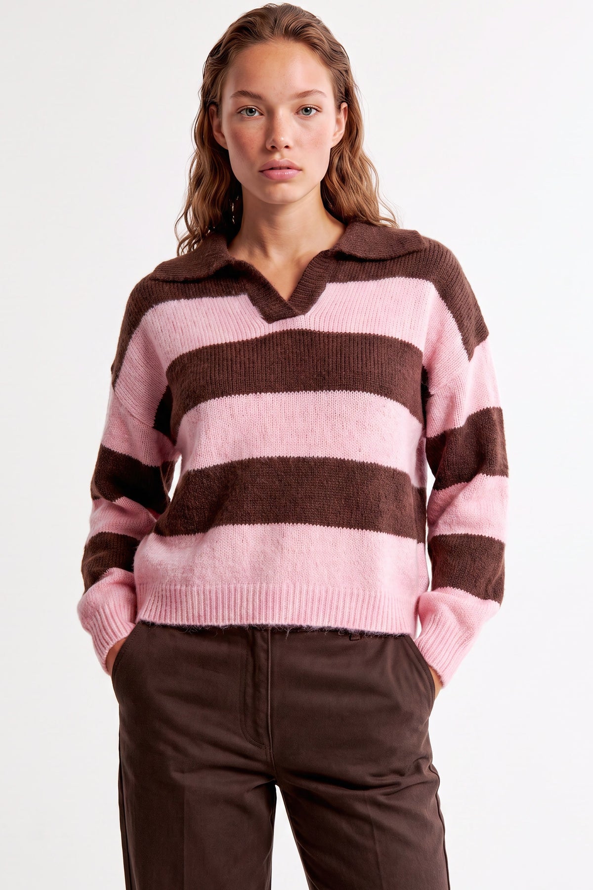 Pink Brown Stripe Collared Knit Jumper – product image 1 of 3