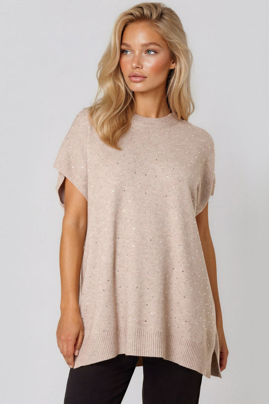 Beige Embellished Short Sleeve Knit Jumper – product image 1 of 3