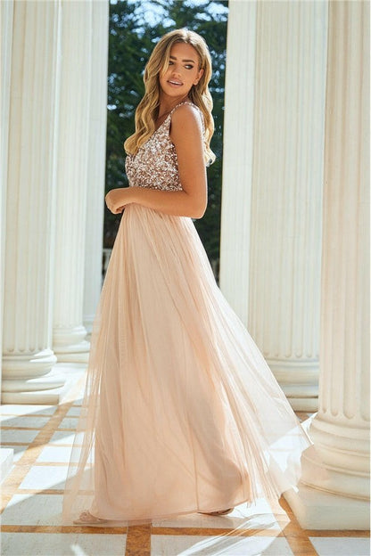 Valeria Blush Sequin V Neck Maxi Dress – product image 3 of 5