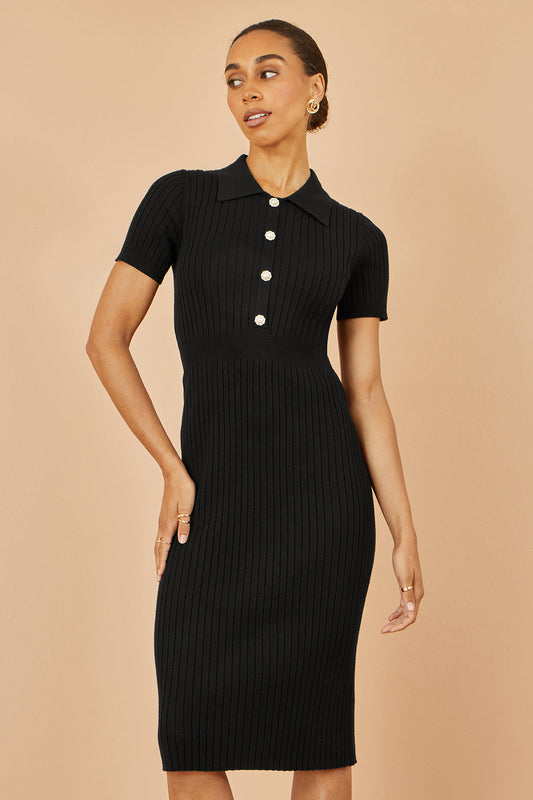 Yumi Black Fitted Rib Knitted Midi Dress With Daisy Buttons – product image 1 of 5