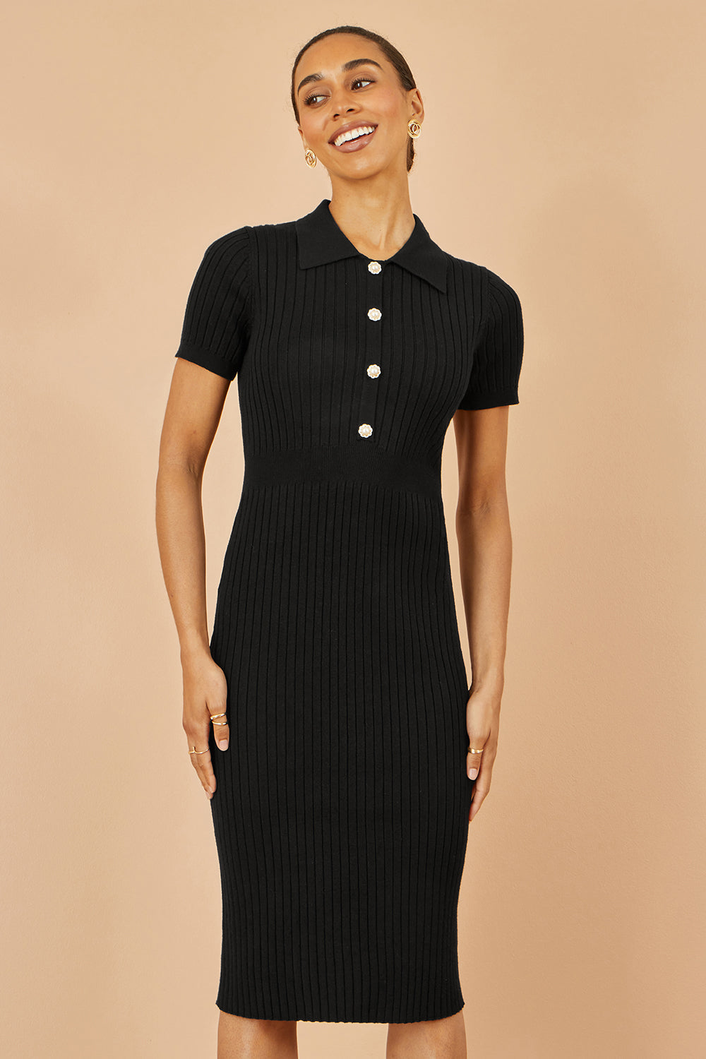 Yumi Black Fitted Rib Knitted Midi Dress With Daisy Buttons – product image 5 of 5