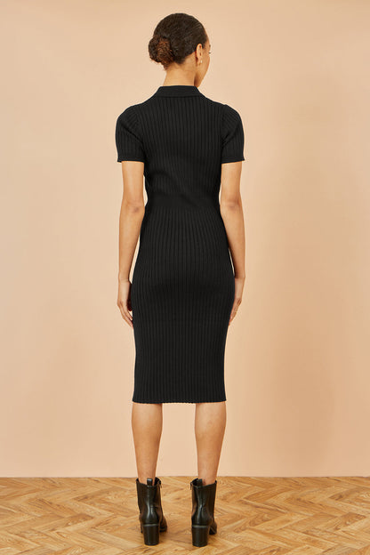 Yumi Black Fitted Rib Knitted Midi Dress With Daisy Buttons – product image 4 of 5