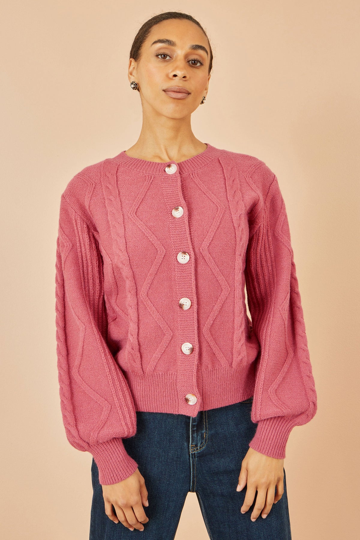 Yumi Pink Relaxed Fit Cable Cardigan – product image 4 of 4