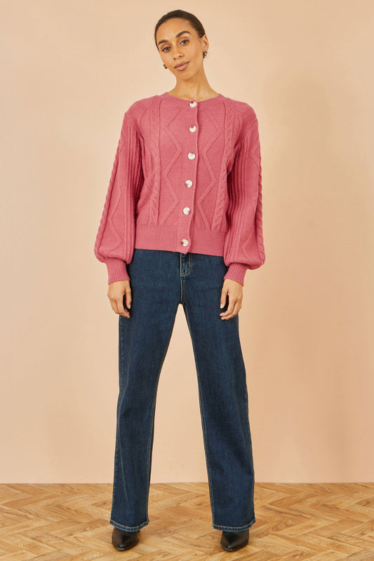 Yumi Pink Relaxed Fit Cable Cardigan – product image 2 of 4