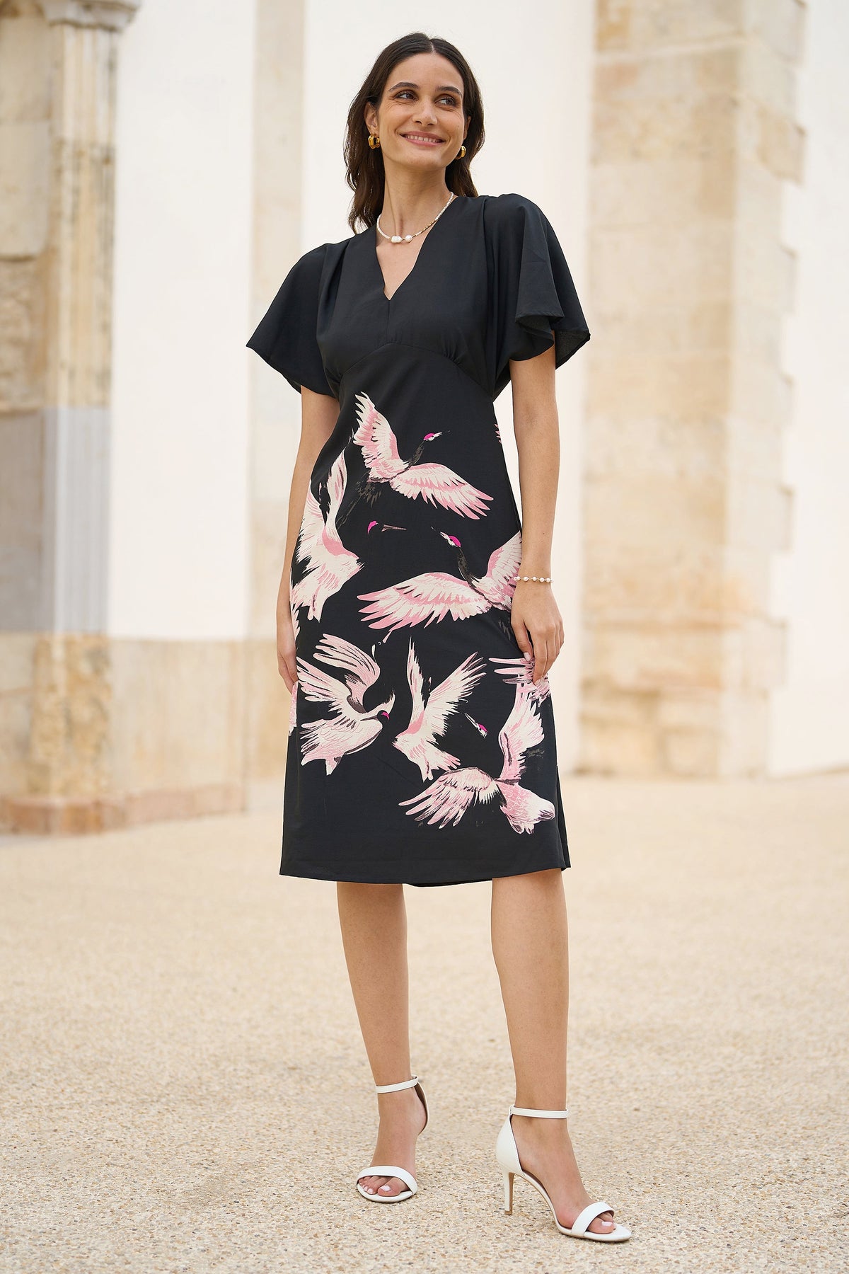 Yumi Black Recycled Fabric Crane Print Kimono Midi Dress – product image 2 of 5
