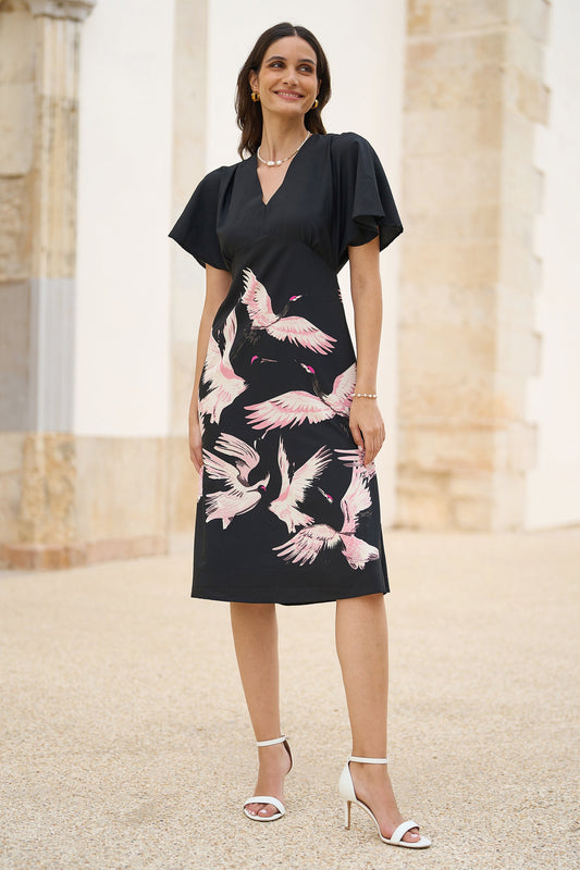 Yumi Black Recycled Fabric Crane Print Kimono Midi Dress – product image 2 of 5