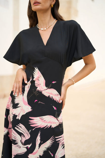 Yumi Black Recycled Fabric Crane Print Kimono Midi Dress – product image 3 of 5
