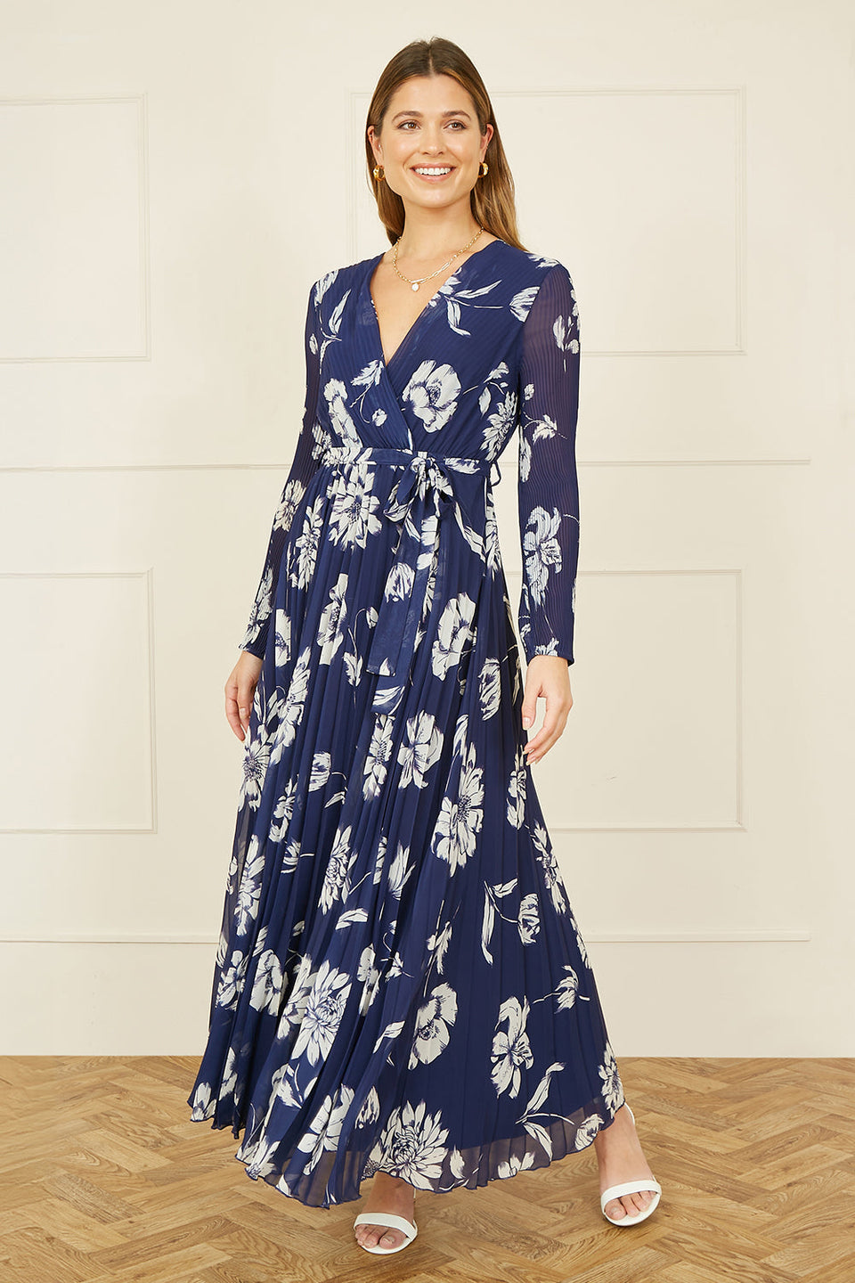 Women’s fashion — Yumi Navy Floral Pleated Midi Wrap Long Sleeve Dress