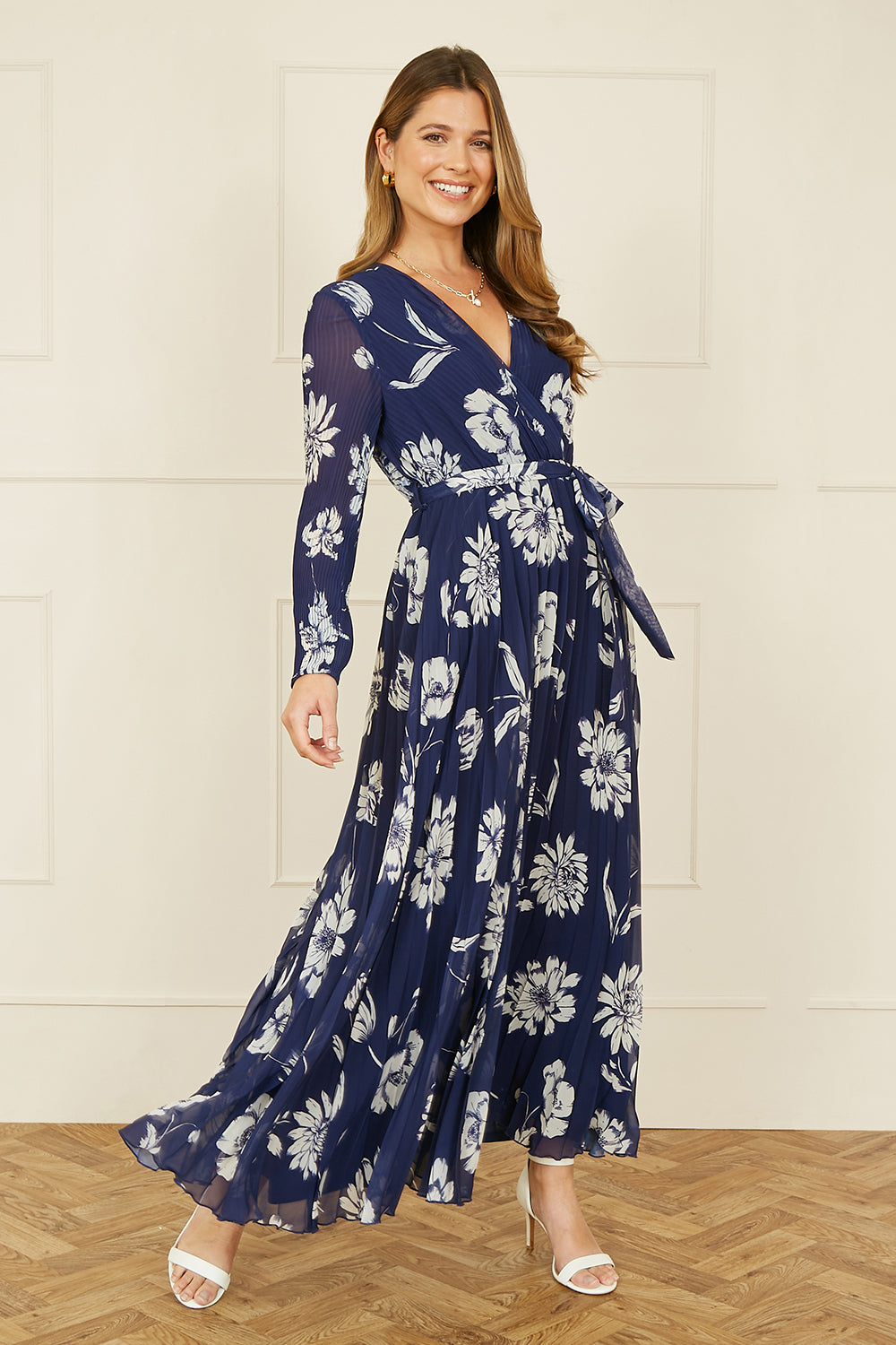 Yumi Navy Floral Pleated Midi Wrap Long Sleeve Dress – product image 2 of 5