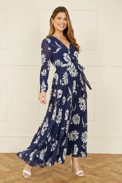 Yumi Navy Floral Pleated Midi Wrap Long Sleeve Dress – product image 2 of 5