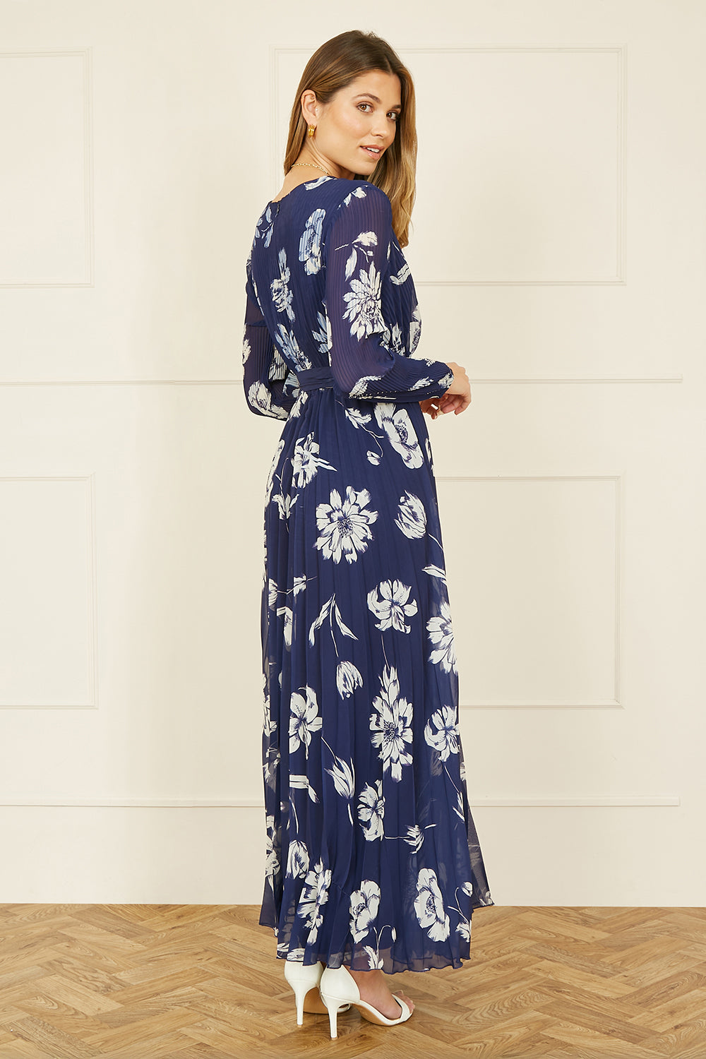 Yumi Navy Floral Pleated Midi Wrap Long Sleeve Dress – product image 4 of 5