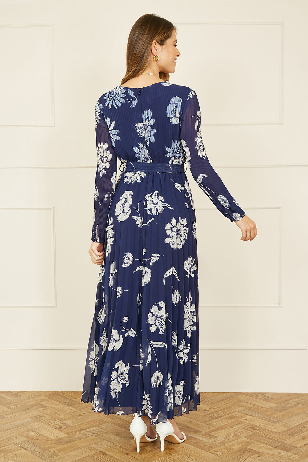 Yumi Navy Floral Pleated Midi Wrap Long Sleeve Dress – product image 5 of 5
