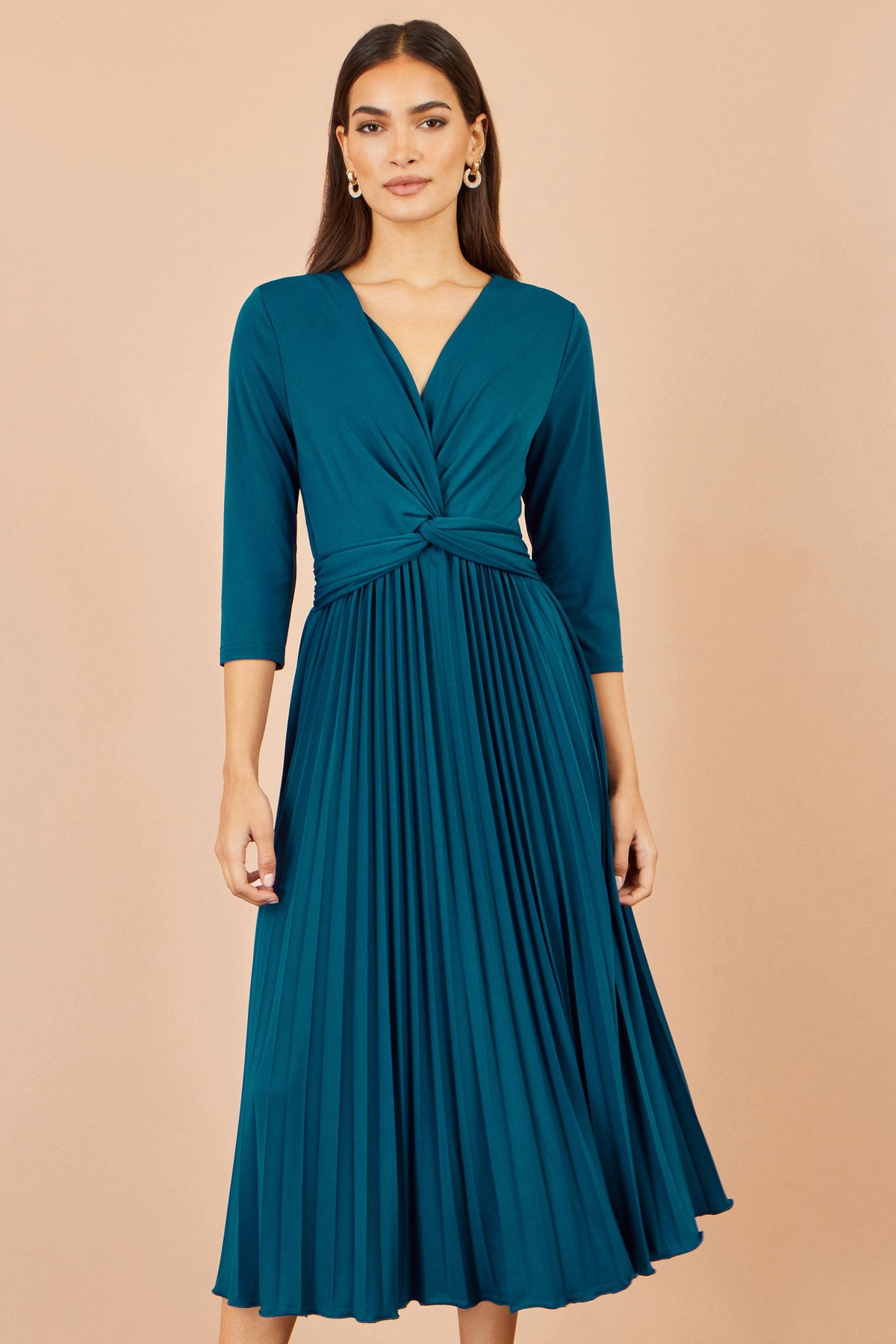 Yumi Teal Stretch Wrap Pleated Midi Dress – product image 3