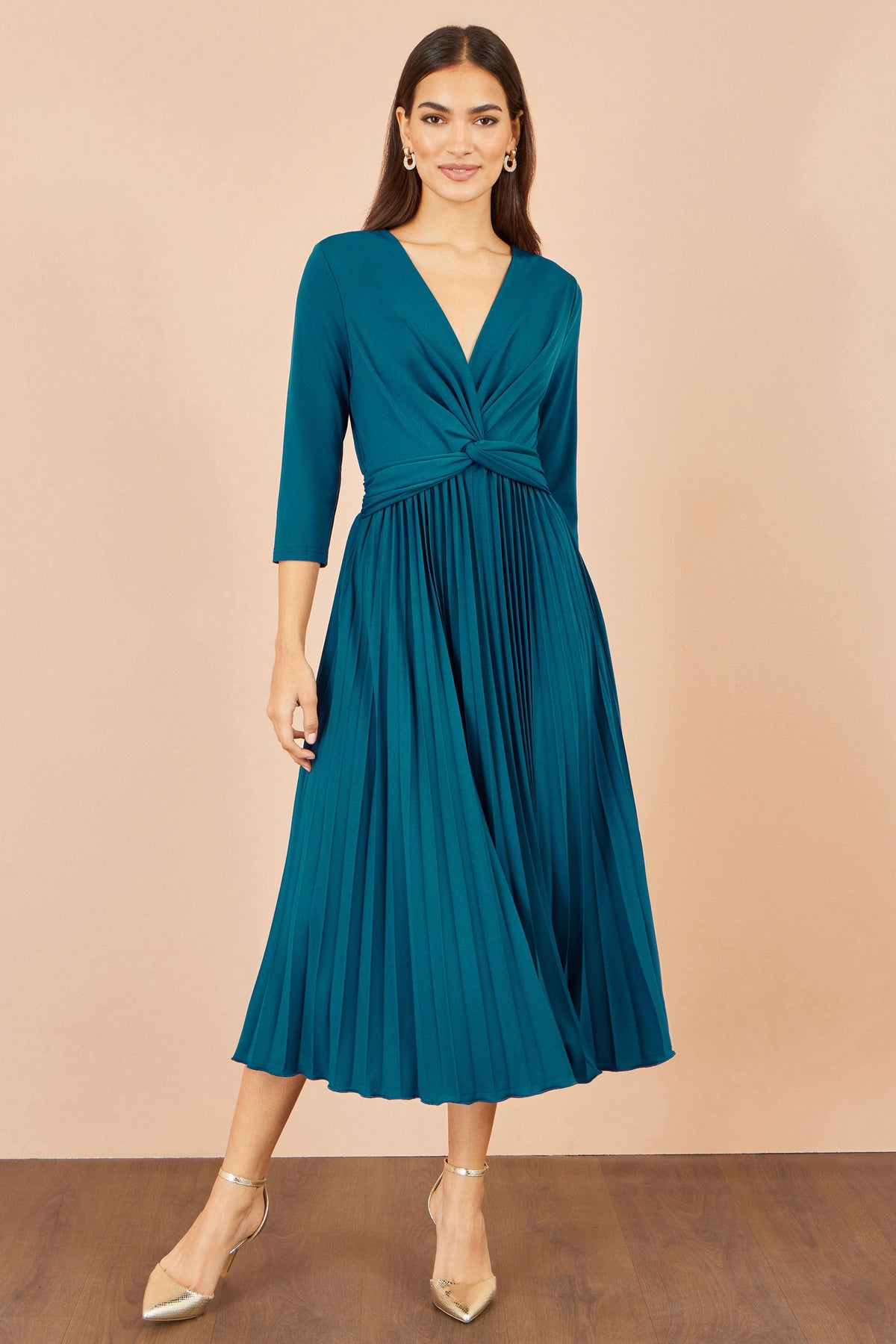 Yumi Teal Stretch Wrap Pleated Midi Dress – product image 5