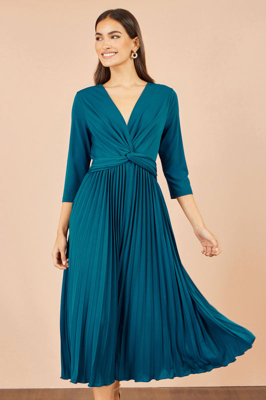 Yumi Teal Stretch Wrap Pleated Midi Dress – product image 1