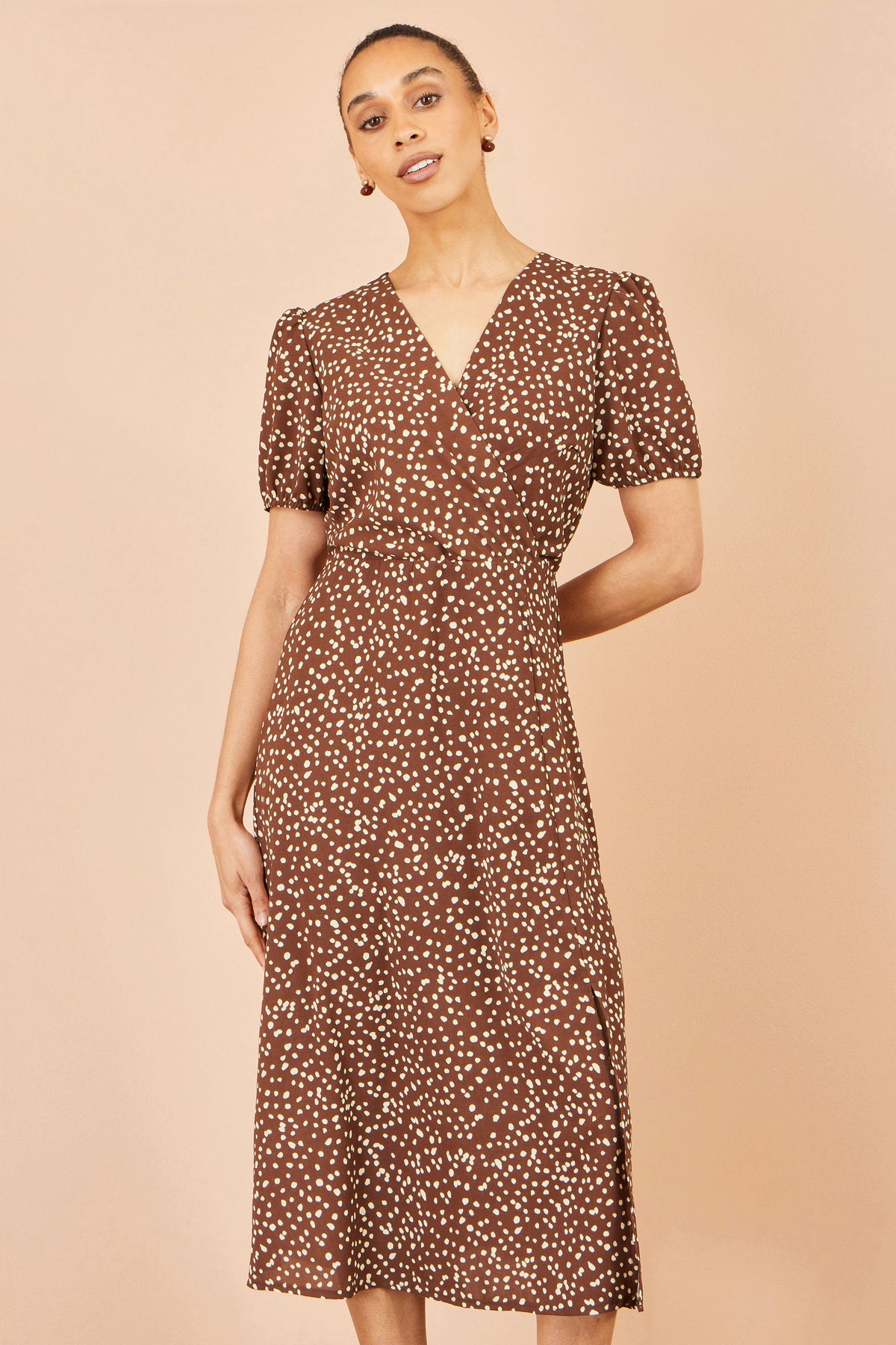 Yumi Brown Spot Midi Dress With Split Hemline – product image 5