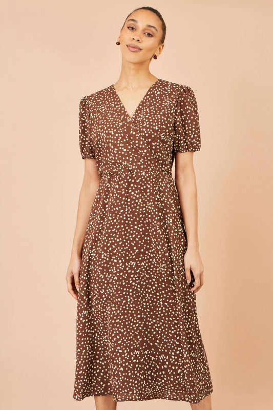 Yumi Brown Spot Midi Dress With Split Hemline – product image 1