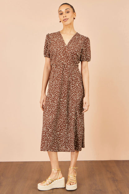 Yumi Brown Spot Midi Dress With Split Hemline – product image 3