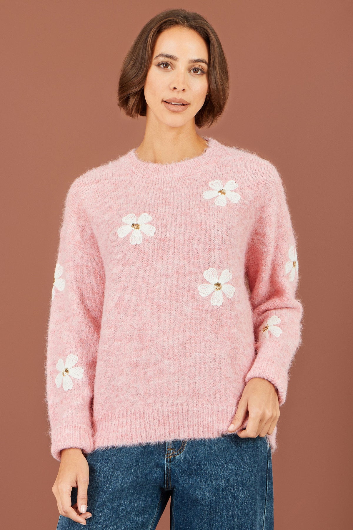 Yumi Pink Relaxed Jumper With Crochet Flowers – product image 5 of 6