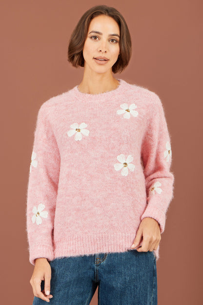 Yumi Pink Relaxed Jumper With Crochet Flowers – product image 5 of 6