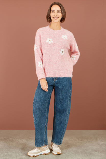 Yumi Pink Relaxed Jumper With Crochet Flowers – product image 3 of 6