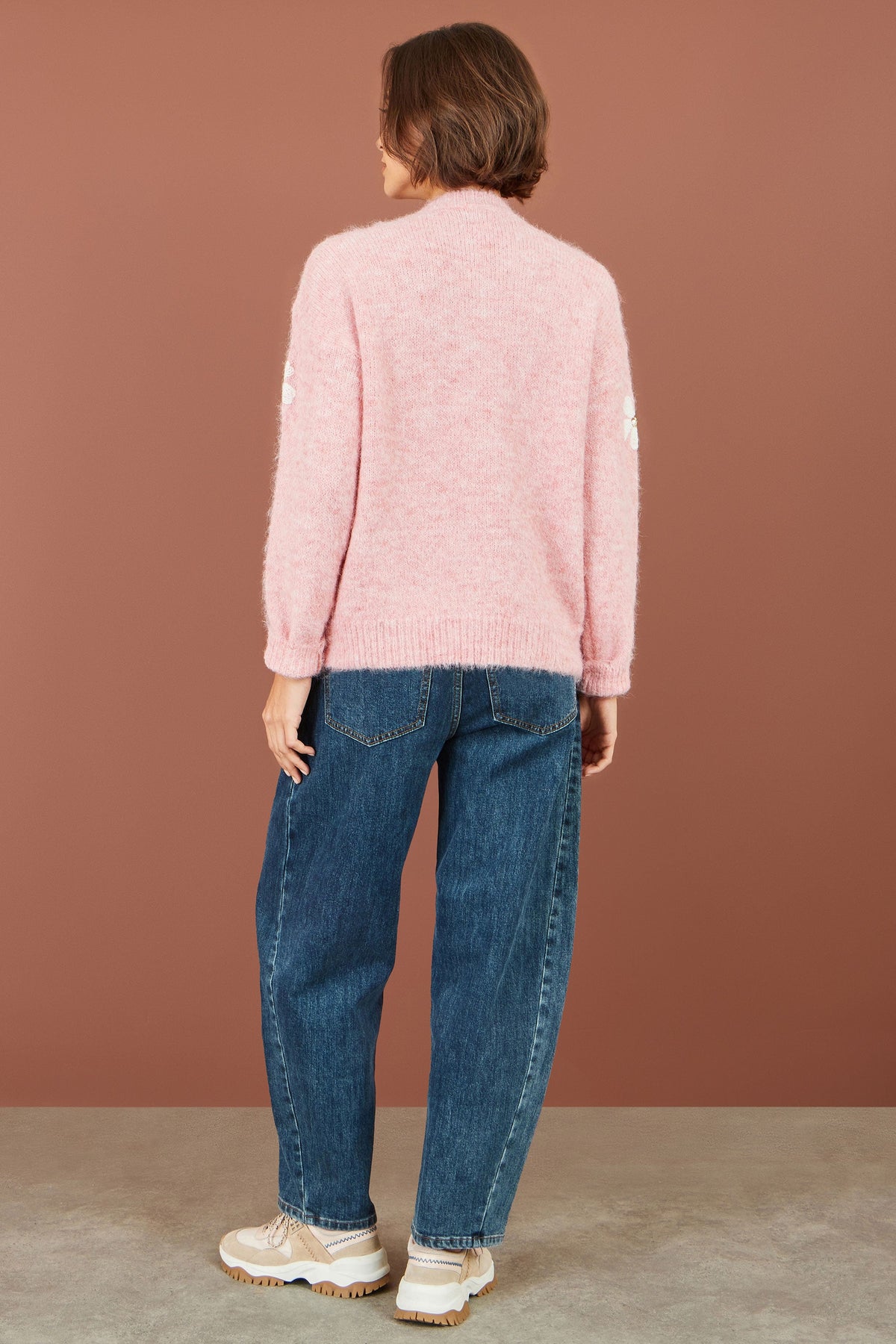 Yumi Pink Relaxed Jumper With Crochet Flowers – product image 4 of 6