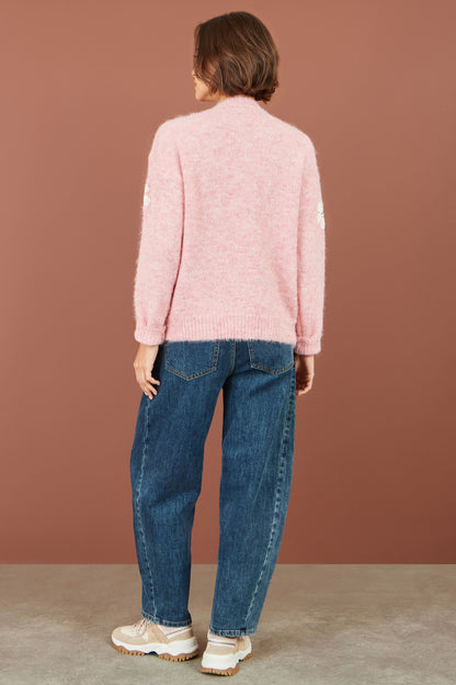 Yumi Pink Relaxed Jumper With Crochet Flowers – product image 4 of 6